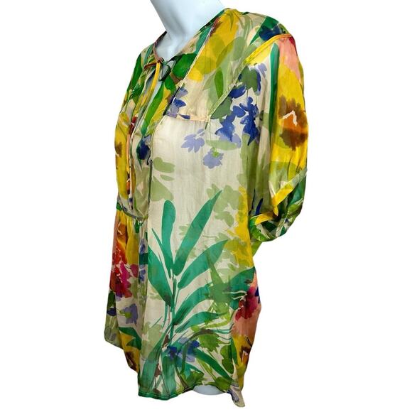 Jenny Han Colorful Watercolor Floral Blouse Sz XS 100% Silk Oversized Semi-Sheer - Picture 11 of 11